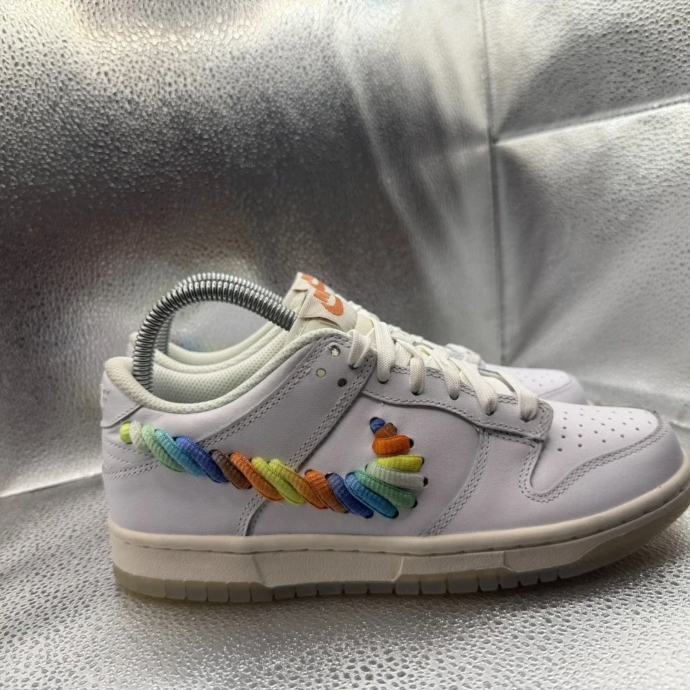 Size 5Y Nike Dunk Low SE Rainbow Lace Swoosh White Kids Sneaker Shoes FN4861-100